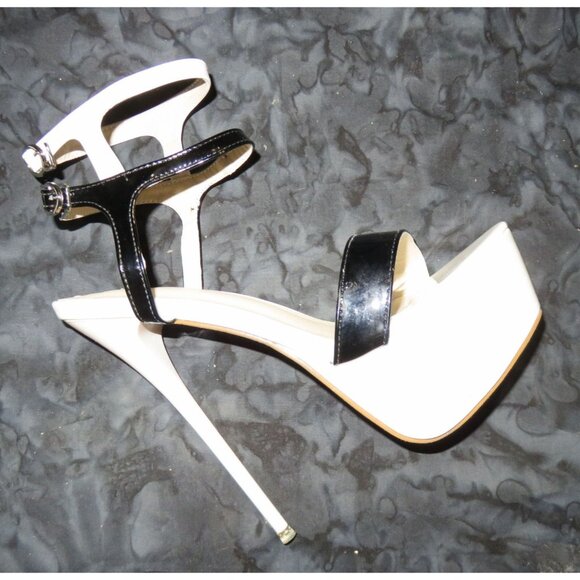 LEBE Ultra high White & Black vegan patent leather strappy stilettos 38 or US 8 - Picture 9 of 12